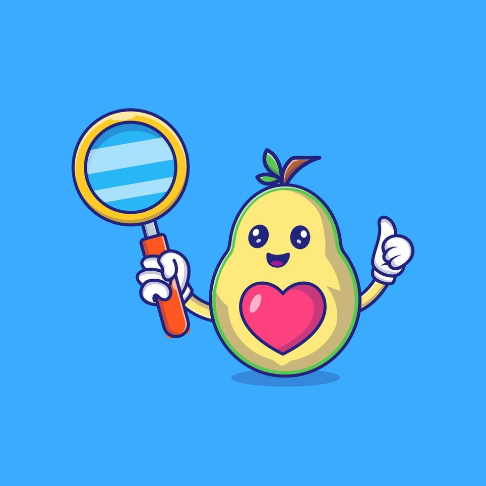 Cute Avocado Holding Magnifying Glass Mascot Character Vector Icon Illustration