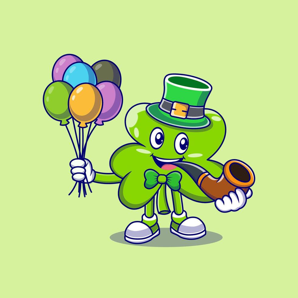 St. Patrick's Clover Leaf Cartoon Character Holding Pipe And Balloons vector