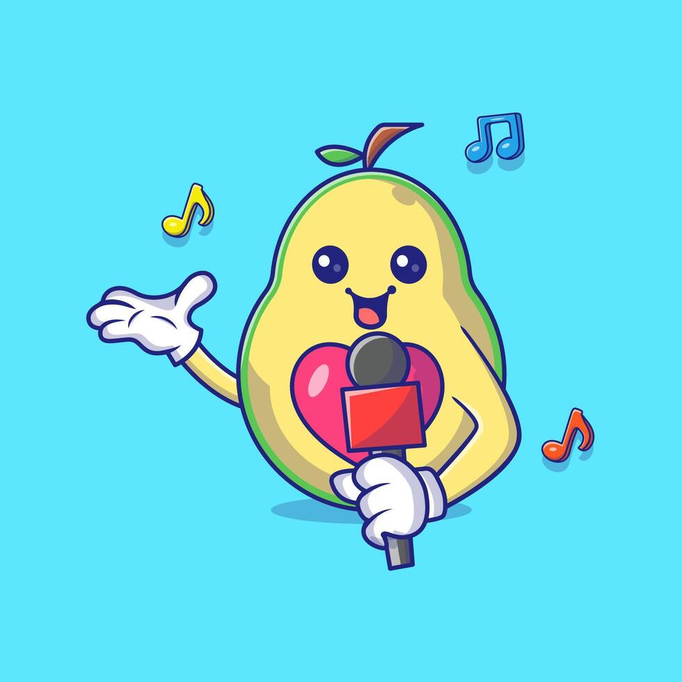 Cute Avocado Holding Microphone and Singing Song Mascot Character Vector Icon Illustration