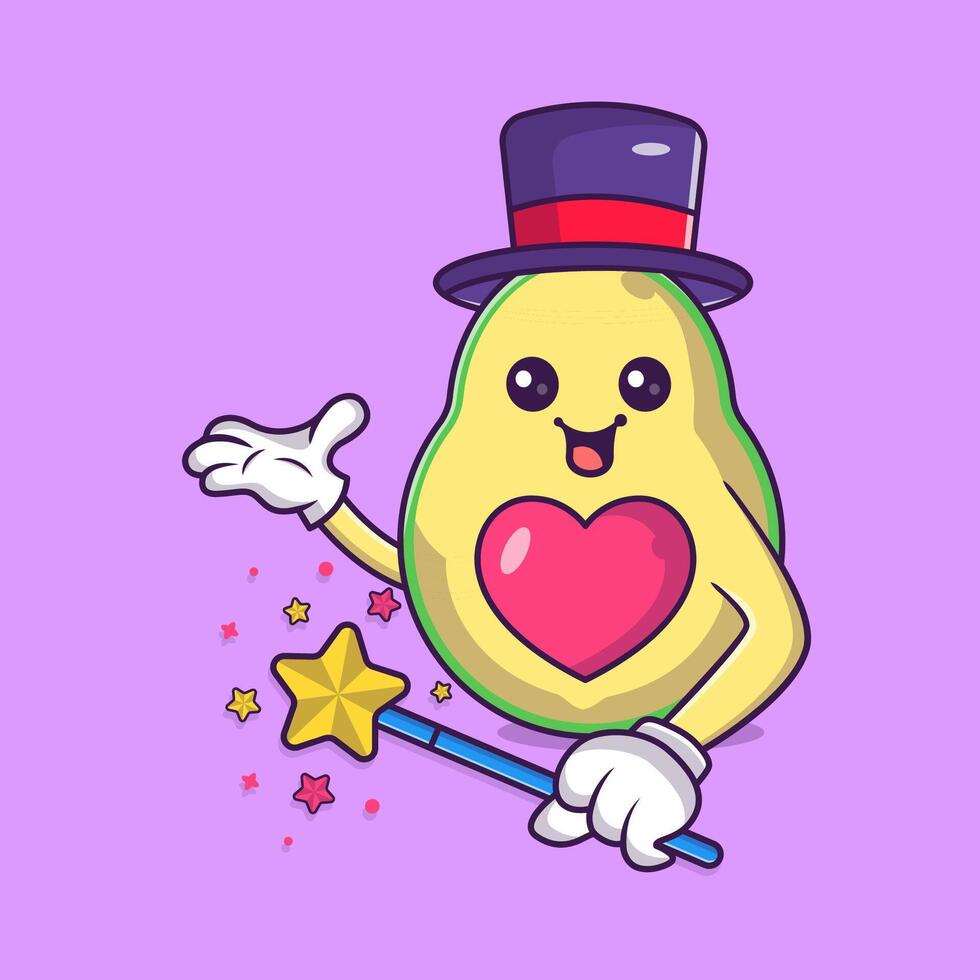 Cute Avocado Holding Magic Stick Mascot Character Vector Icon Illustration