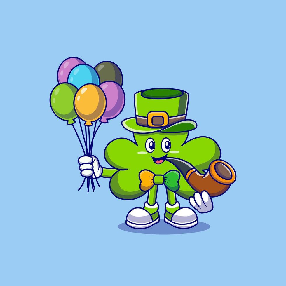 St. Patrick's Clover Leaf Cartoon Character Holding Pipe And Balloons vector