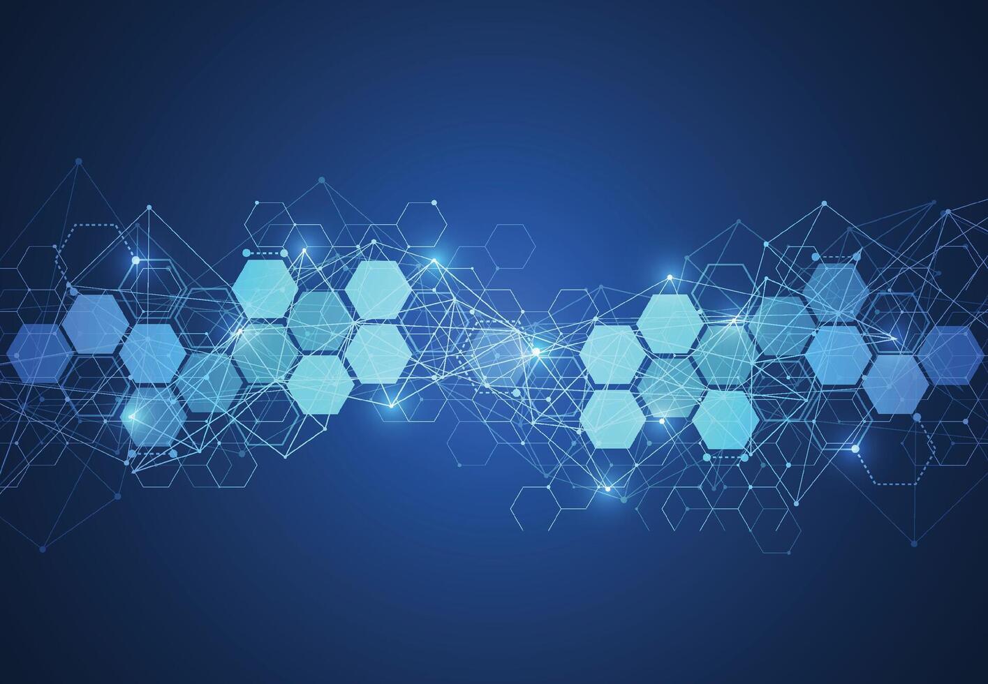 Abstract science template. Technology lines and dots connection background. Wallpaper or banner with a DNA molecules. Vector illustration