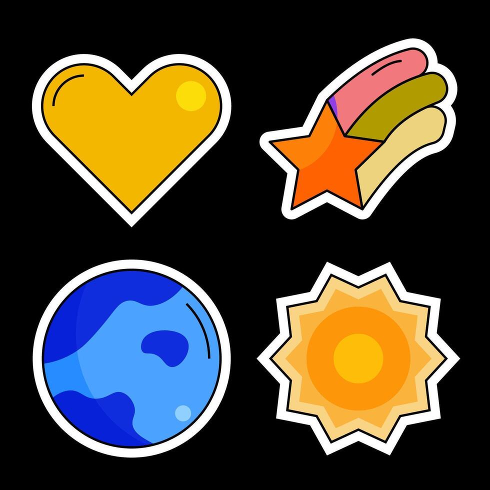 sticker set cartoon, cute clip art, love, star, earth, sun vector