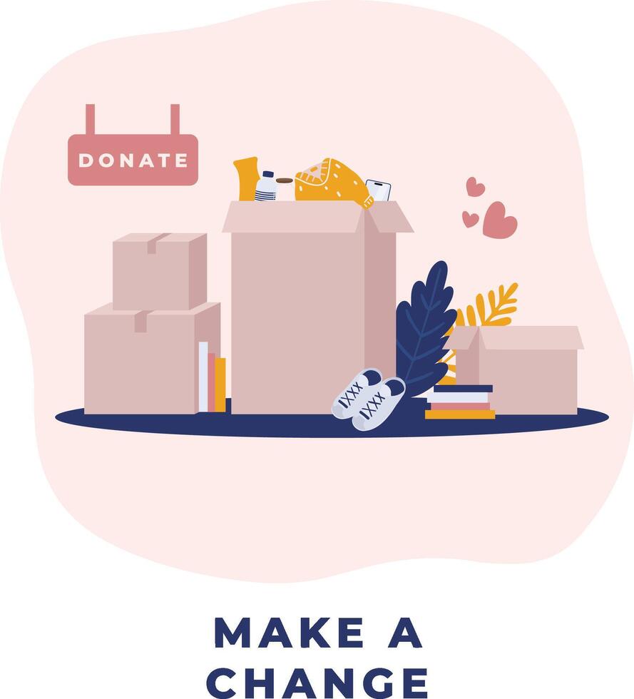 Donation and volunteer work concept minimal illustration in pastel. Pile stacks of donating goods in boxes. For banner, social media, mobile app, web, landing page, poster, campaign, infographic vector