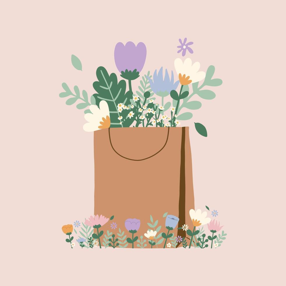 Flat hand drawn vector illustration of cute pastel paper bag with wild flowers. Decorative element for card, postcard, sticker, banner, invitation, social media poster. Wedding, birthday,love concept