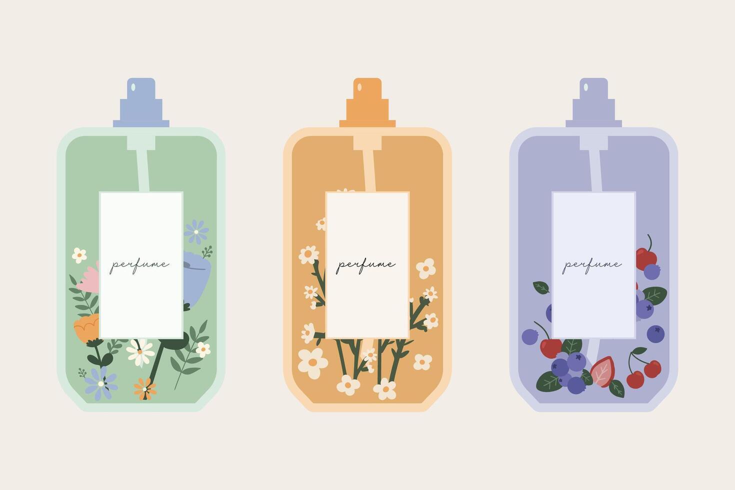 hand drawn vector illustration set of fresh floral and berry perfume. Bottles with flower and berries concept. Valentine, birthday, women, mother's day. For card, sticker, invitation, social media