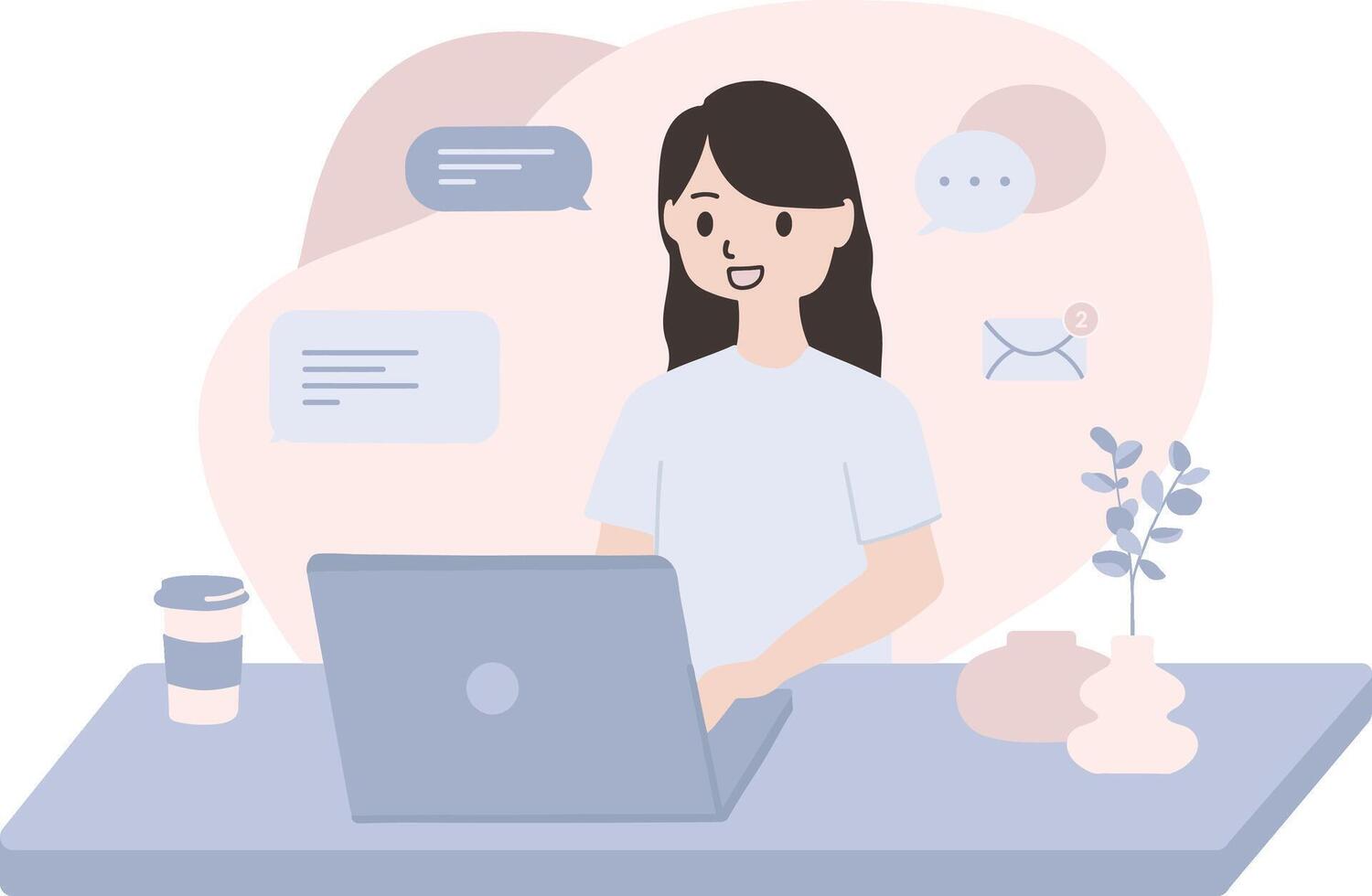 communicaton and delegating concept vector flat illustration. Character person using laptop with text bubble and notification background. For UI, landing page, social media, infographic, web, app