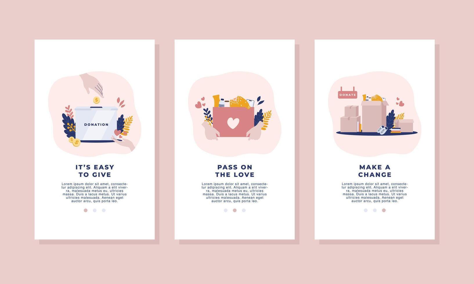 Donation and volunteer work concept minimal illustration in pastel mock up for app collection set. For banner, social media, mobile app, web, landing page, poster, campaign, infographic vector
