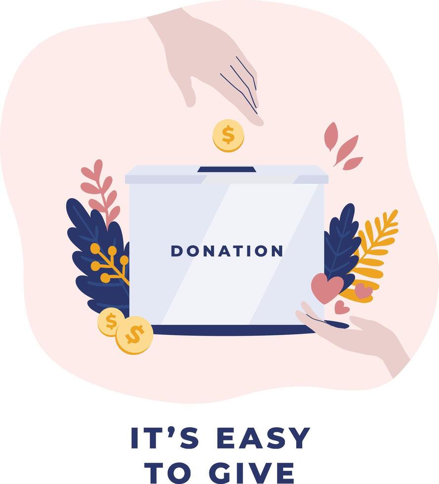 Donation and volunteer work concept minimal illustration in pastel. Hand dropping money in donation box with flowers. For banner, social media, mobile app, web, landing page, poster, campaign vector