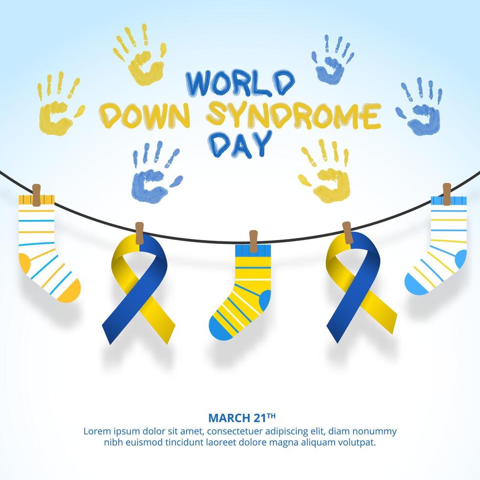 Square World Down Syndrome Day background with ribbons and socks on a clothesline vector