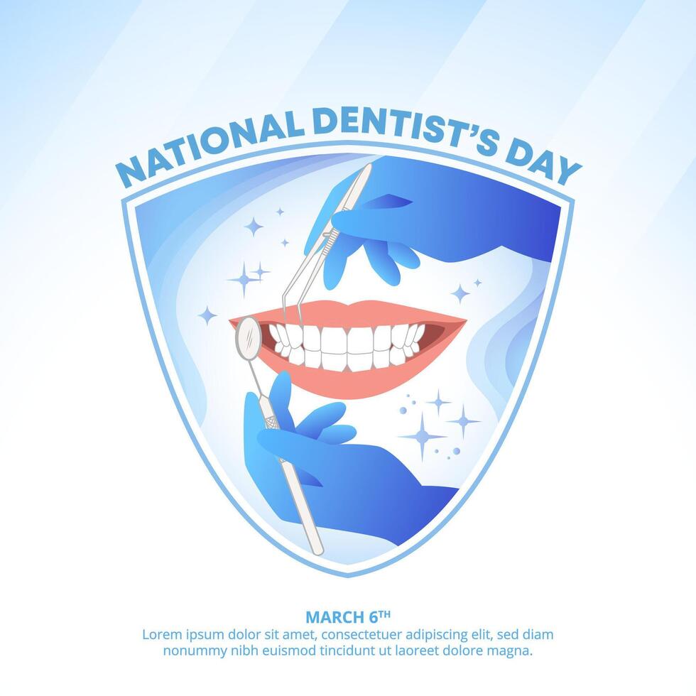 Square National Dentist's Day background with dentist's hands and teeth vector