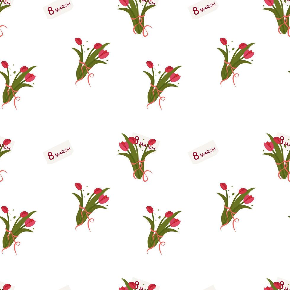 Seamless pattern bouquet of tulips. Red tulips. International Women's Day. Happy Women's Day. March 8th. Vector illustration