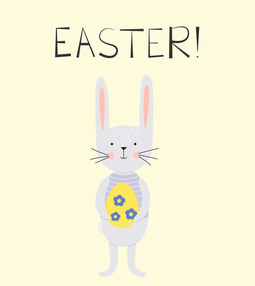 The Easter bunny holds a painted egg in his paws. Easter Egg. Happy easter. Horizontal poster, Easter greeting card, Happy Easter banner. vector