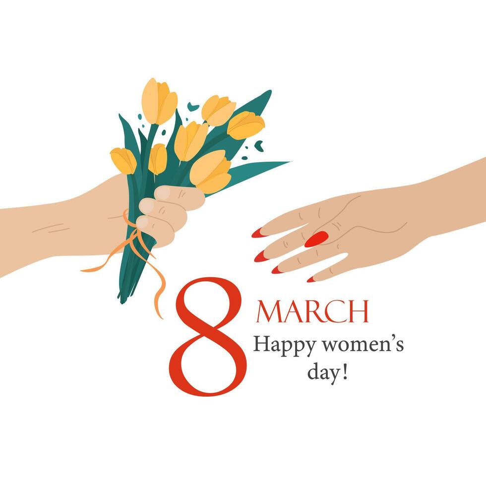 A man's hand gives a bouquet of tulips to a woman's hand. A hand holds a bouquet of yellow tulips. A beautiful bouquet, painted with your own hands. Florist. Postcard for March 8. Women's Day vector