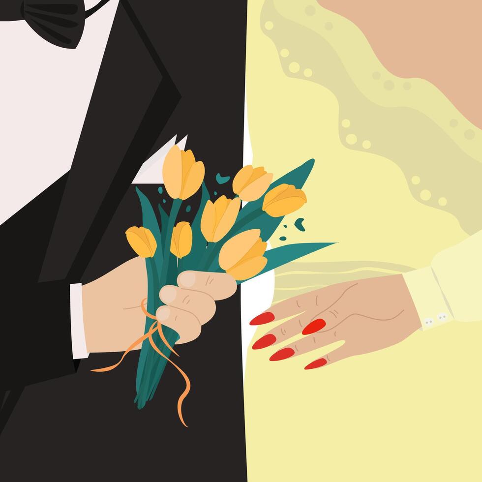 Silhouettes of a man in a suit and a woman in a dress. A man's hand passes a bouquet of tulips to a woman's hand. A beautiful bouquet, painted with your own hands. Florist. Postcard for March 8. vector