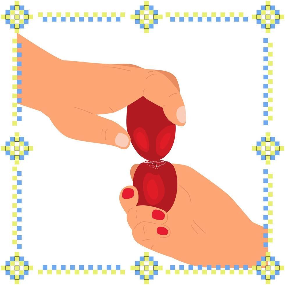 Hands knocking down Easter eggs. Rooster eggs. Shackling. Ukrainian ornament. A traditional egg fight game dedicated to spring religious holidays. Easter. Jarping, Dumping vector