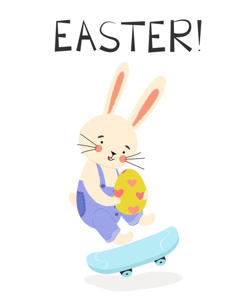 A cute Easter bunny rides a skateboard and holds a colored egg in his paws. Easter Egg. Christ is risen. Hand drawing. Vertical poster, Easter card, Happy Easter banner. vector