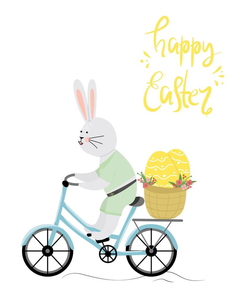 The Easter bunny rides a bicycle. There is a painted Easter egg on the bike and in the basket. Easter eggs. Happy easter. Horizontal poster, Easter greeting card, Happy Easter banner. vector