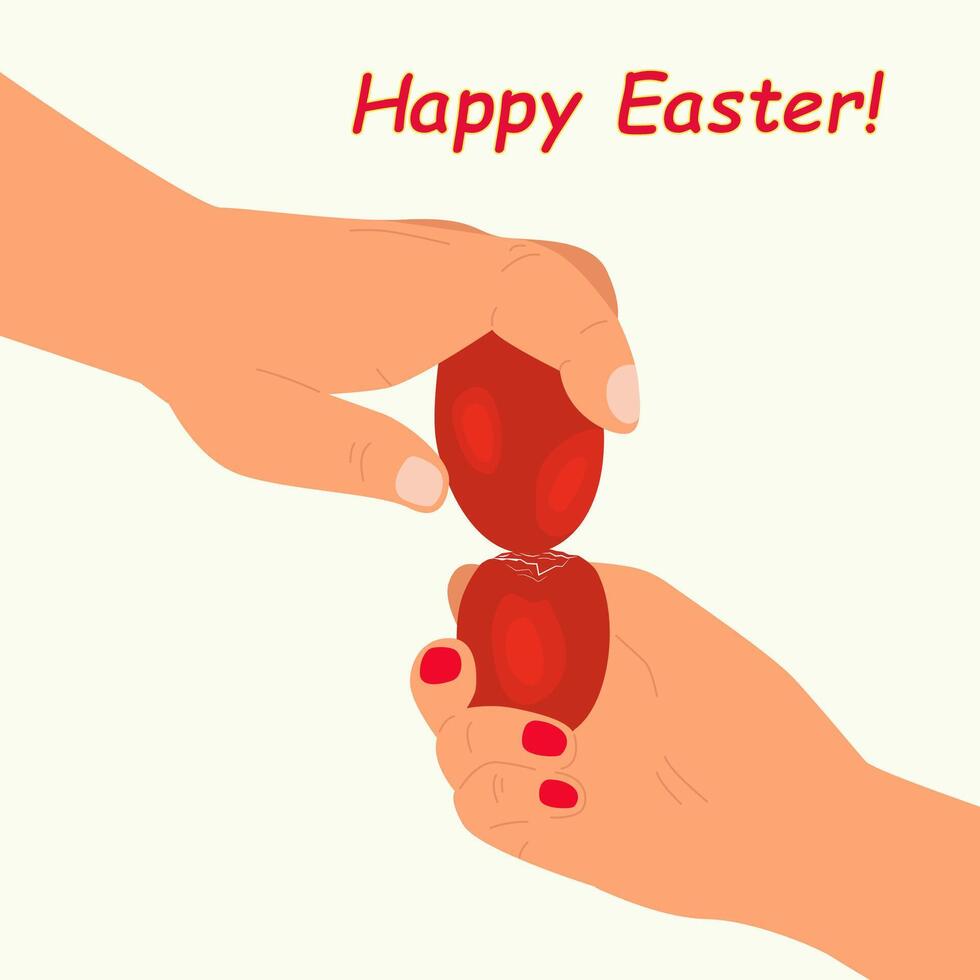 Hands knocking down Easter eggs. Rooster eggs. Shackling. Ukrainian ornament. A traditional egg fight game dedicated to spring religious holidays. Easter. Jarping, Dumping vector