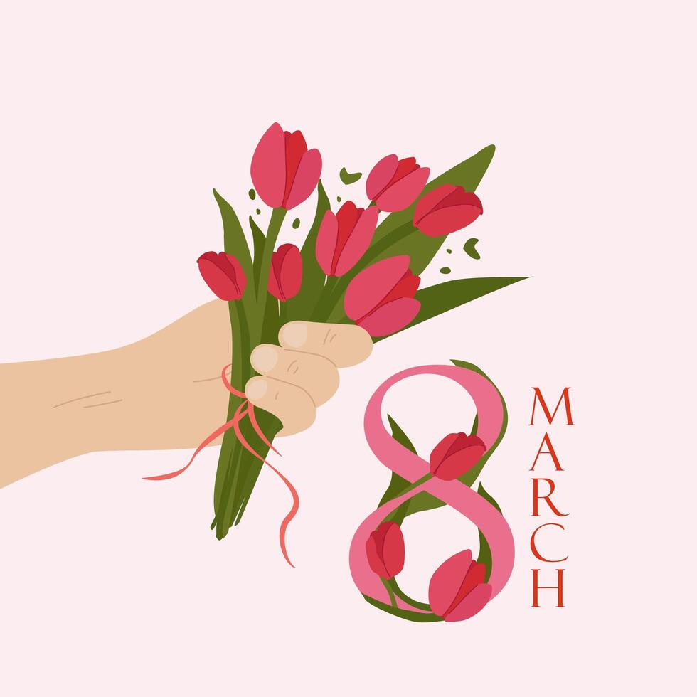 A hand holds a bouquet of red tulips. A beautiful bouquet, painted with your own hands. Florist. Postcard for March 8. International Women's Day. Words of congratulations on Women's Day. vector
