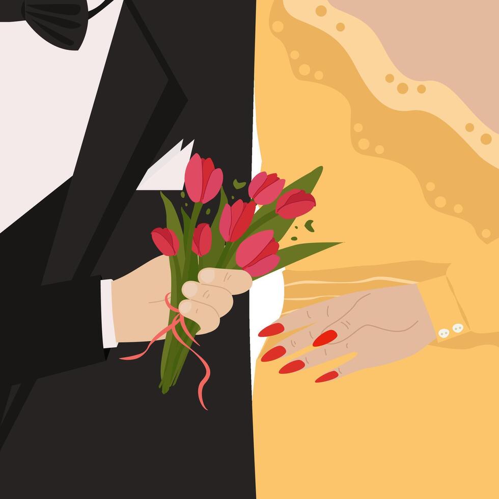 Silhouettes of a man in a suit and a woman in a dress. A man's hand passes a bouquet of tulips to a woman's hand. A hand holds a bouquet of red tulips. Florist. Postcard for March 8 vector