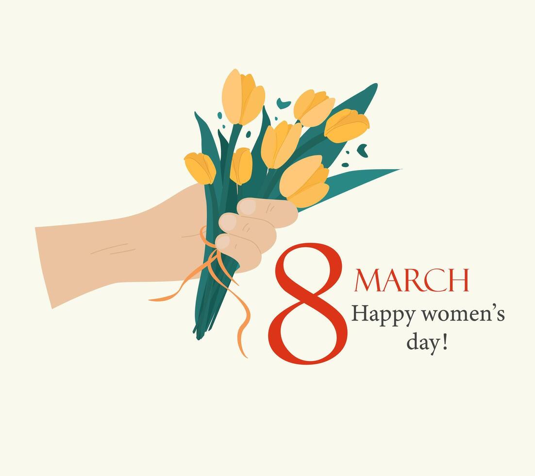 A hand holds a bouquet of yellow tulips. A beautiful bouquet, painted with your own hands. Florist. Postcard for March 8. International Women's Day. Words of congratulations on Women's Day. vector