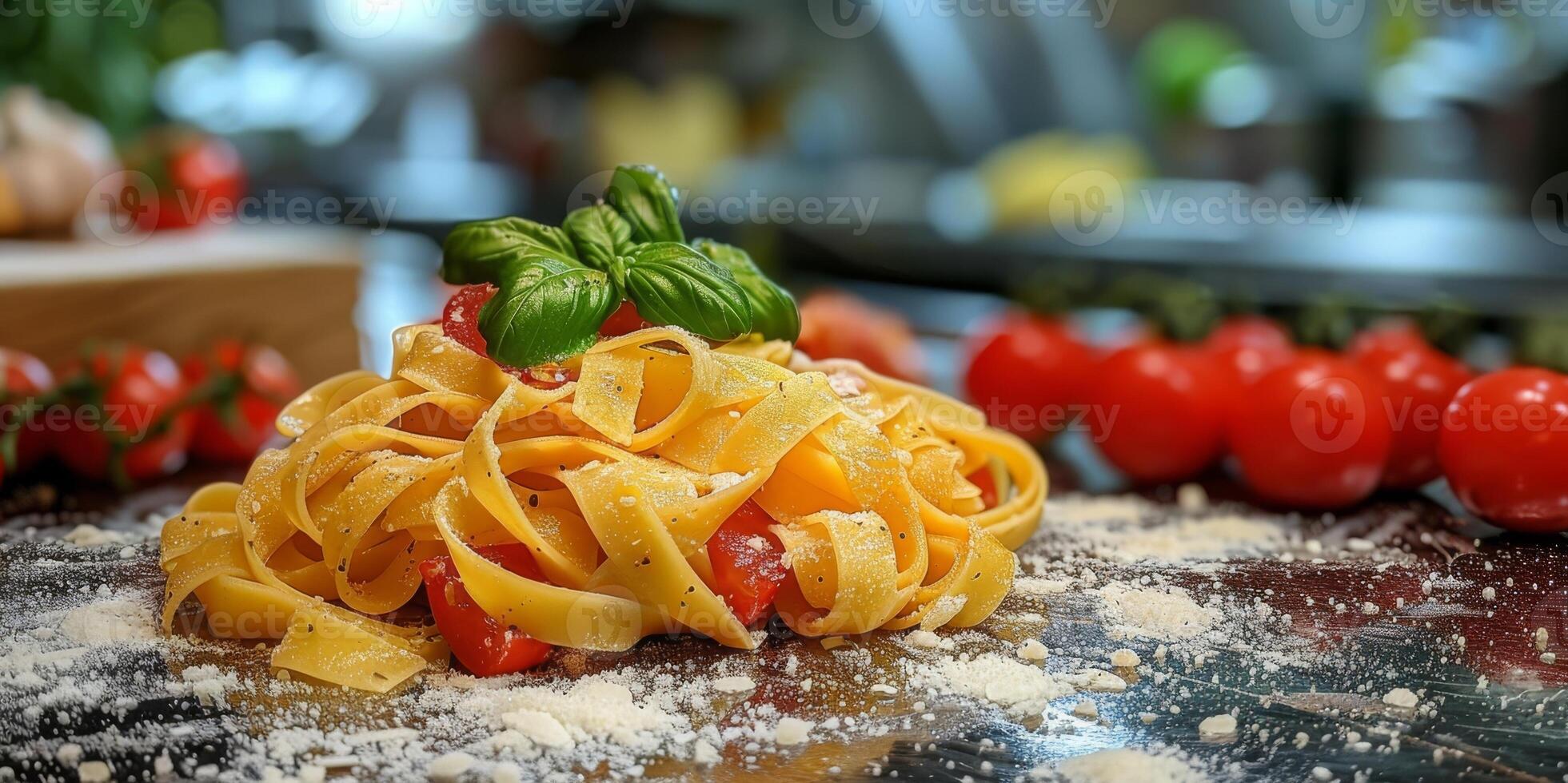 AI Generated Classic Pasta on kitchen background. Diet and food concept. photo