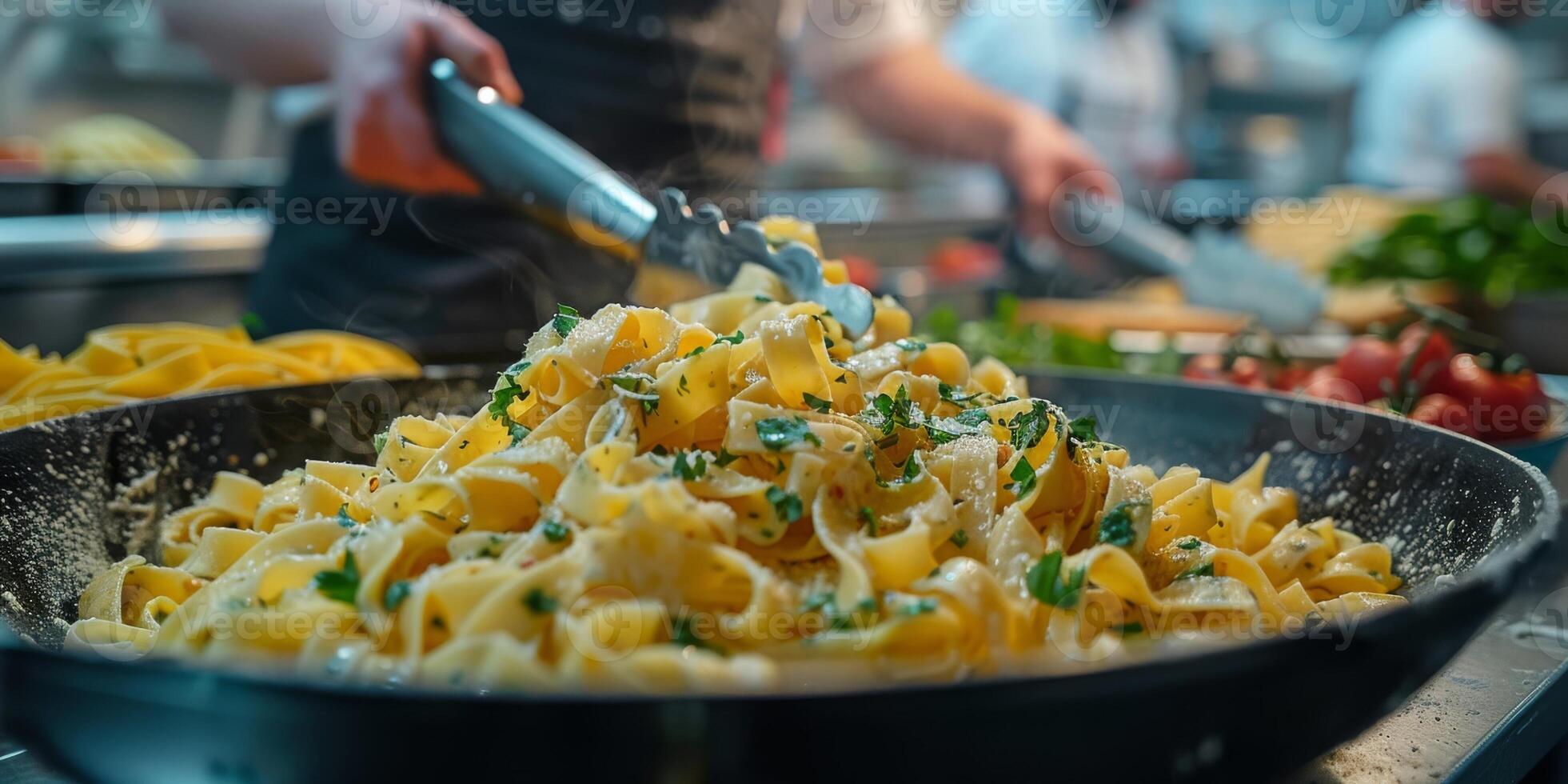 AI Generated Classic Pasta on kitchen background. Diet and food concept. photo