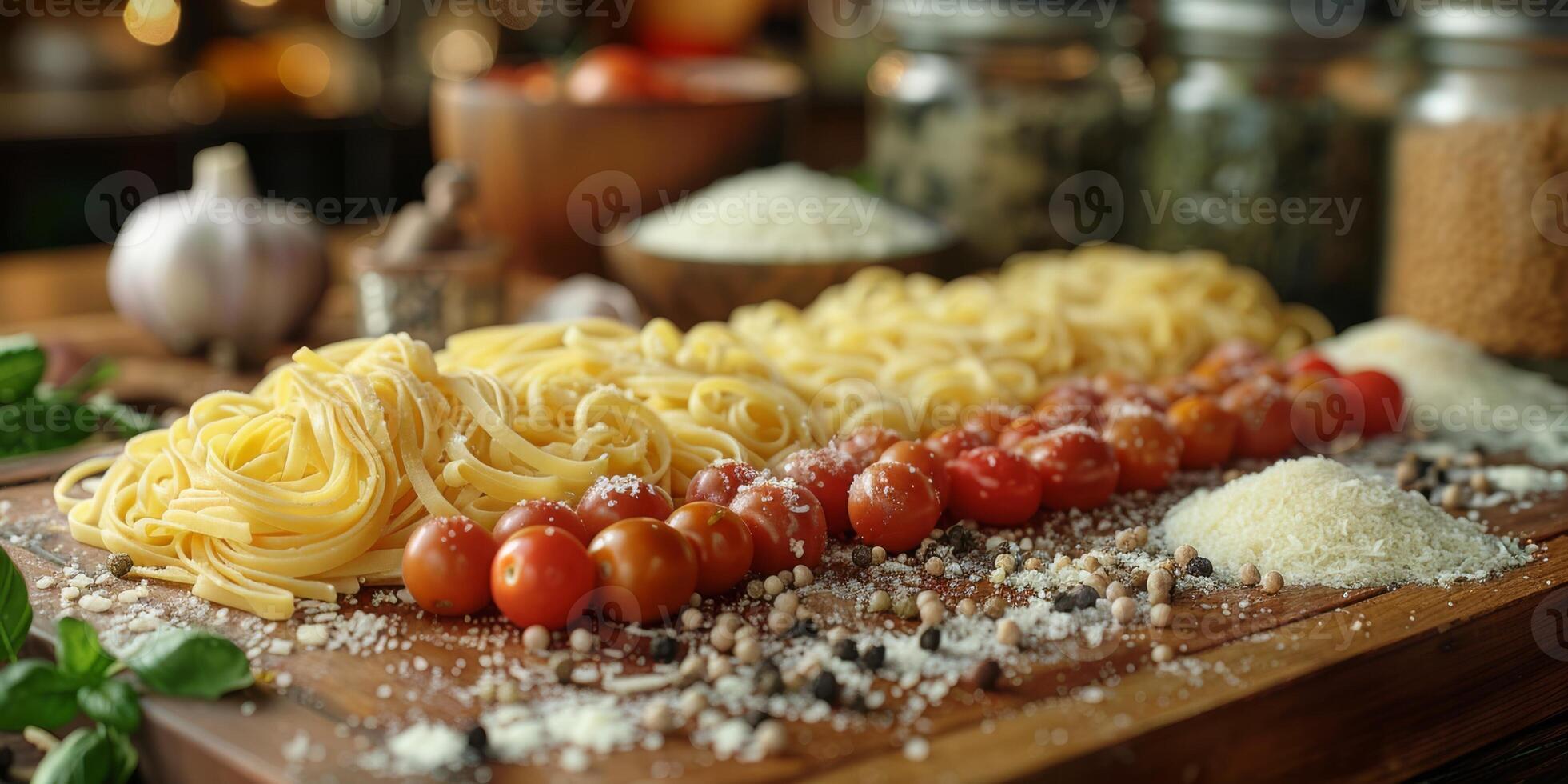 AI Generated Classic Pasta on kitchen background. Diet and food concept. photo