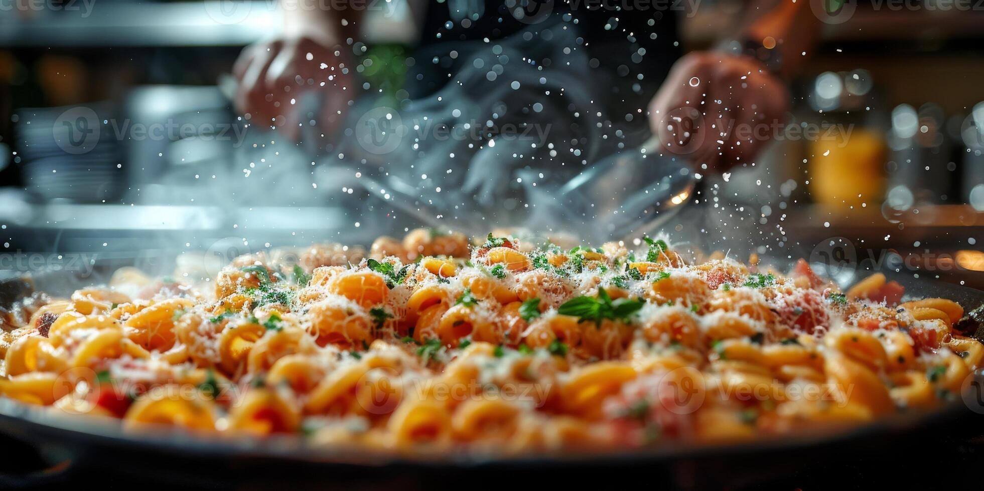 AI Generated Classic Pasta on kitchen background. Diet and food concept. photo