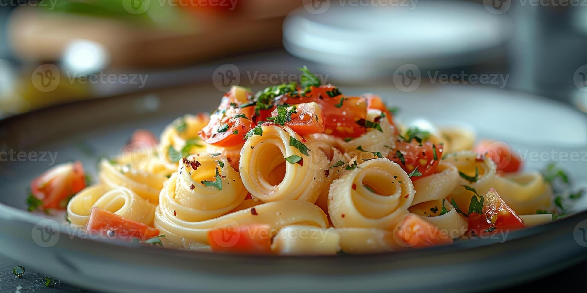 AI Generated Classic Pasta on kitchen background. Diet and food concept. photo