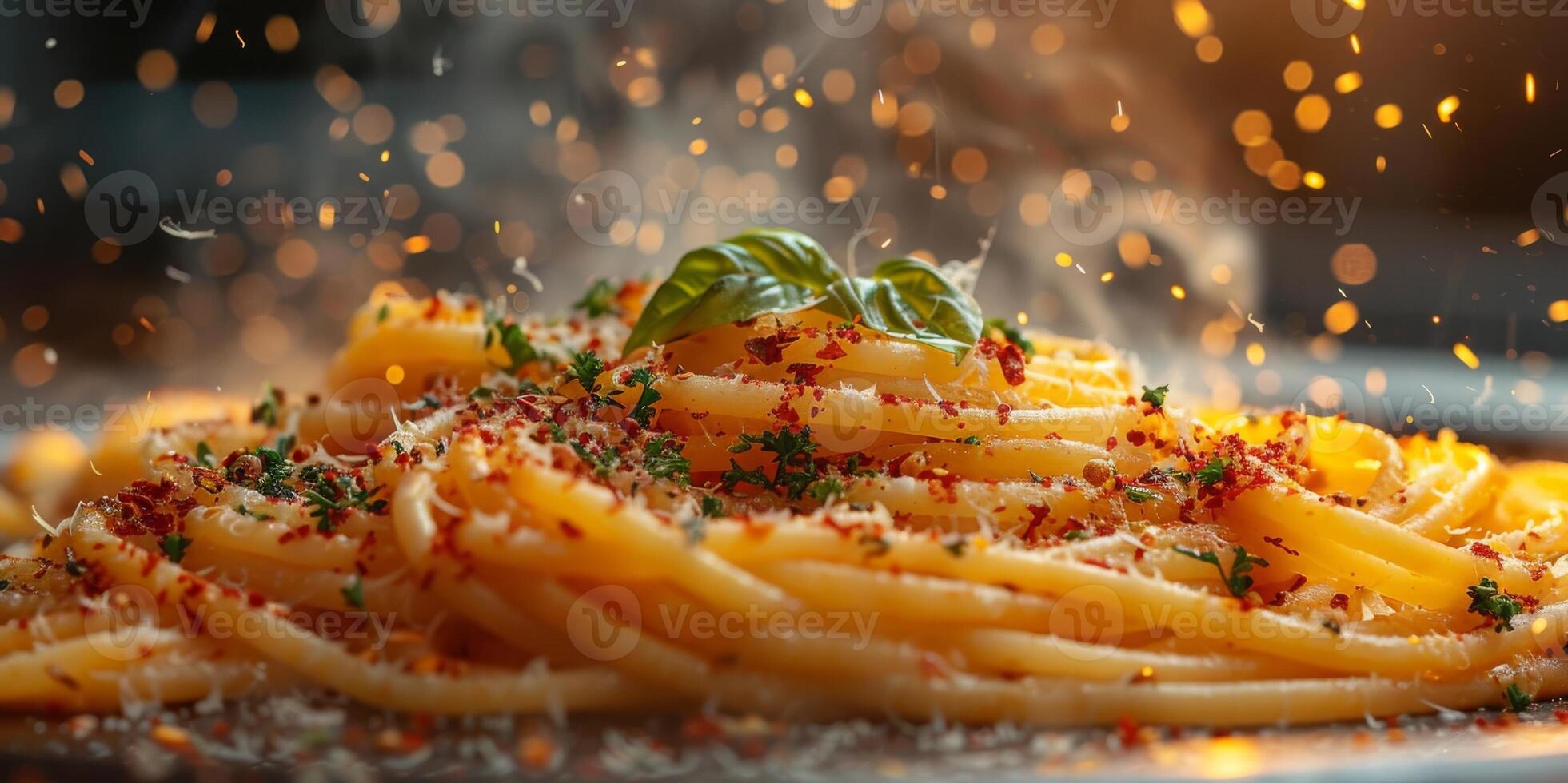 AI Generated Classic Pasta on kitchen background. Diet and food concept. photo