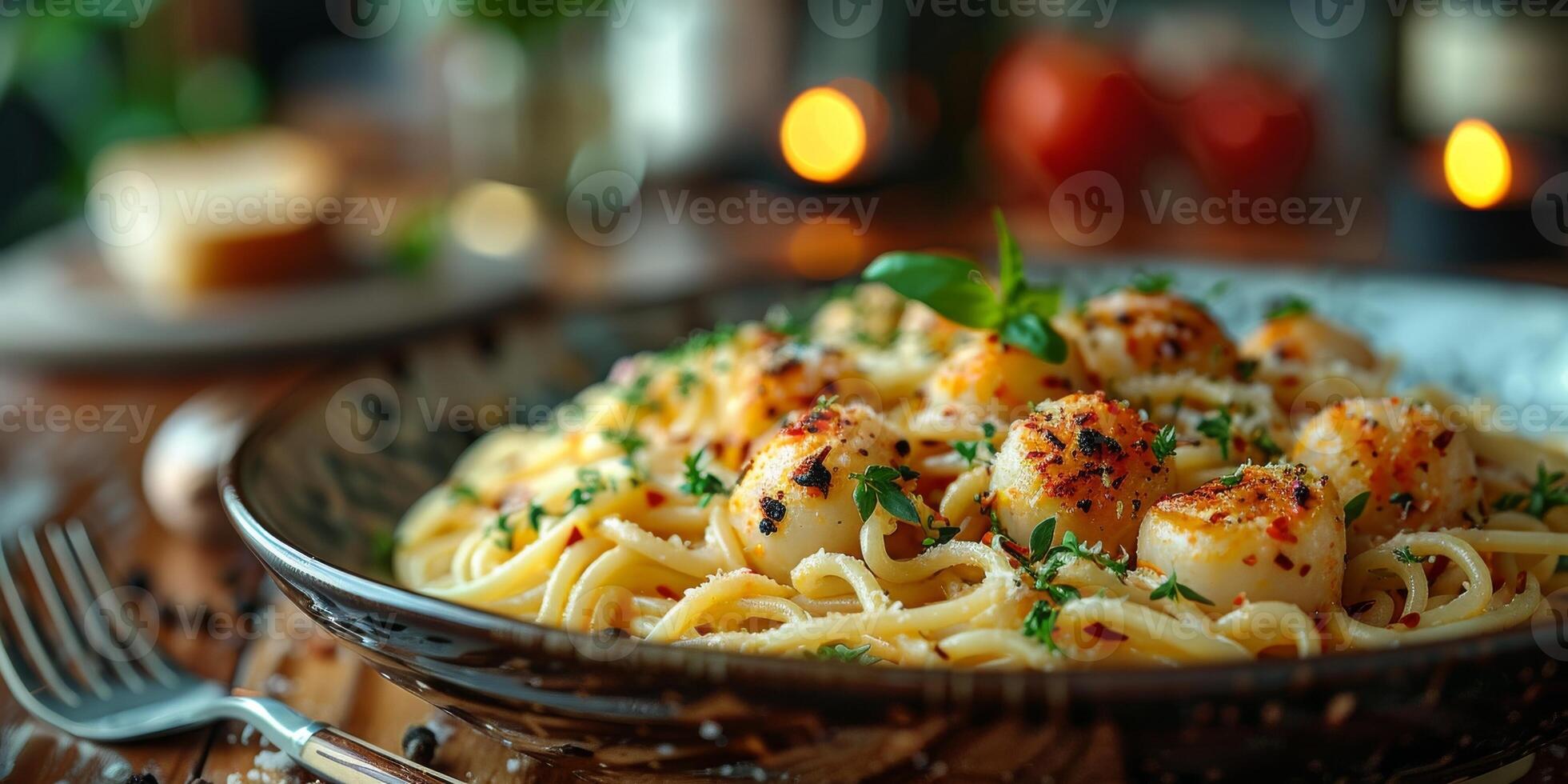 AI Generated Classic Pasta on kitchen background. Diet and food concept. photo