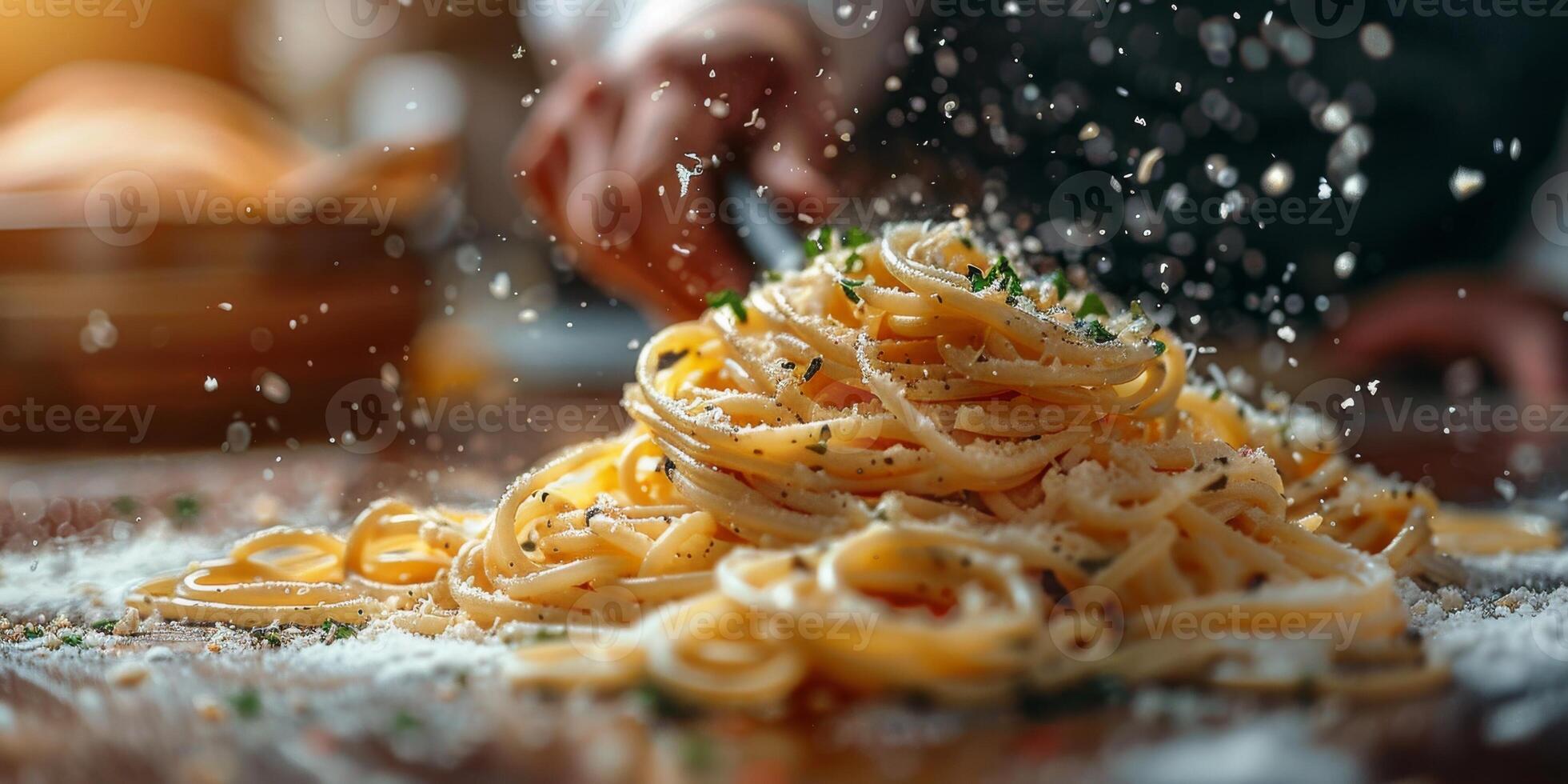 AI Generated Classic Pasta on kitchen background. Diet and food concept. photo