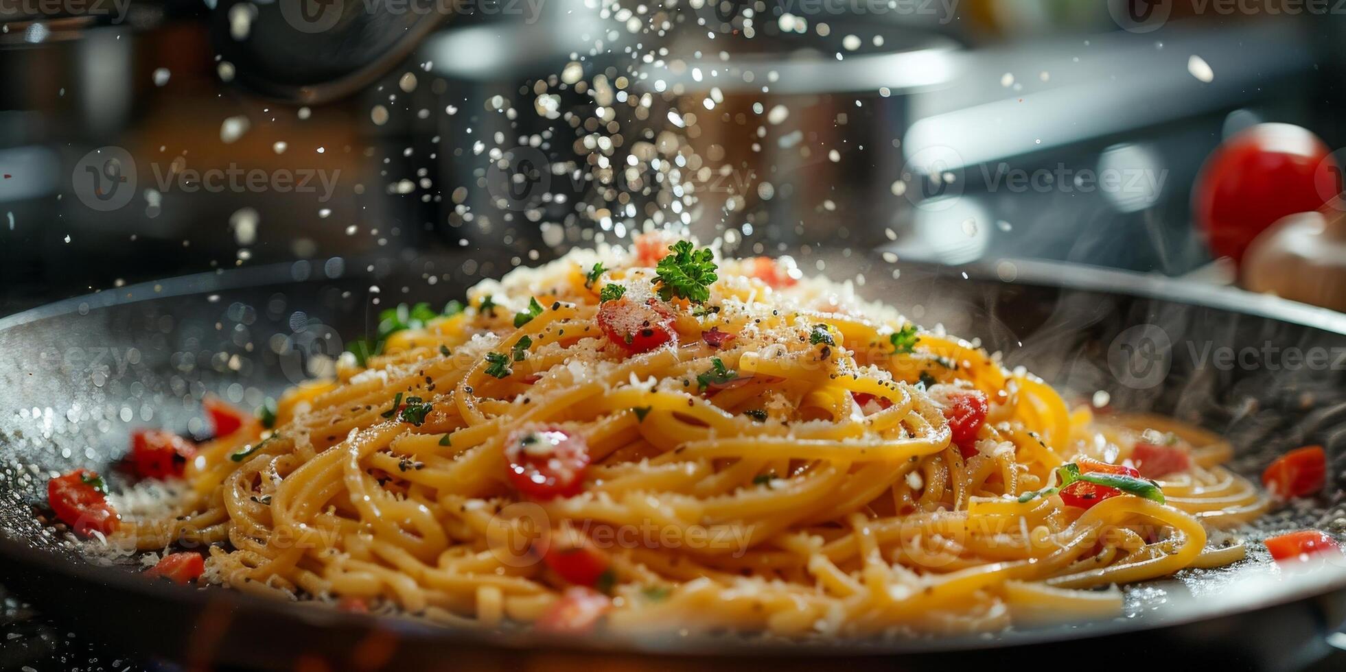 AI Generated Classic Pasta on kitchen background. Diet and food concept. photo