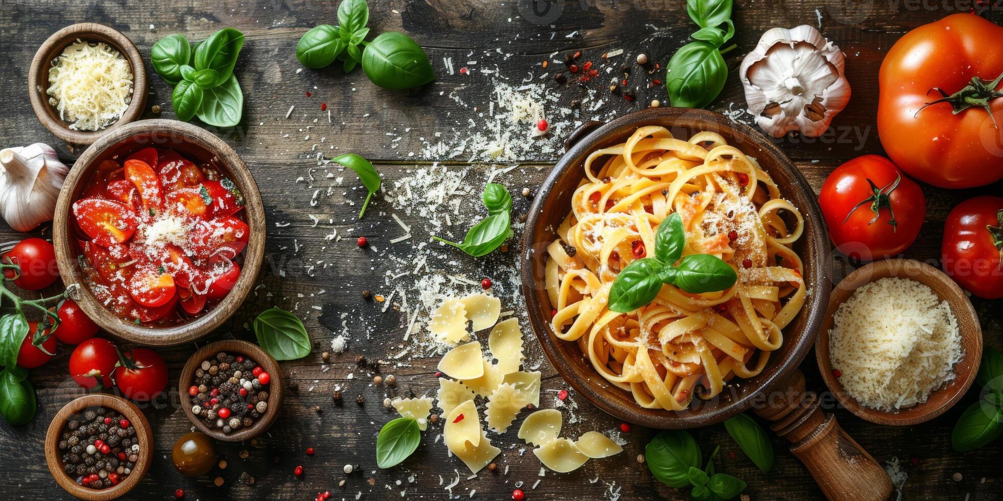 AI Generated Classic Pasta on kitchen background. Diet and food concept. photo