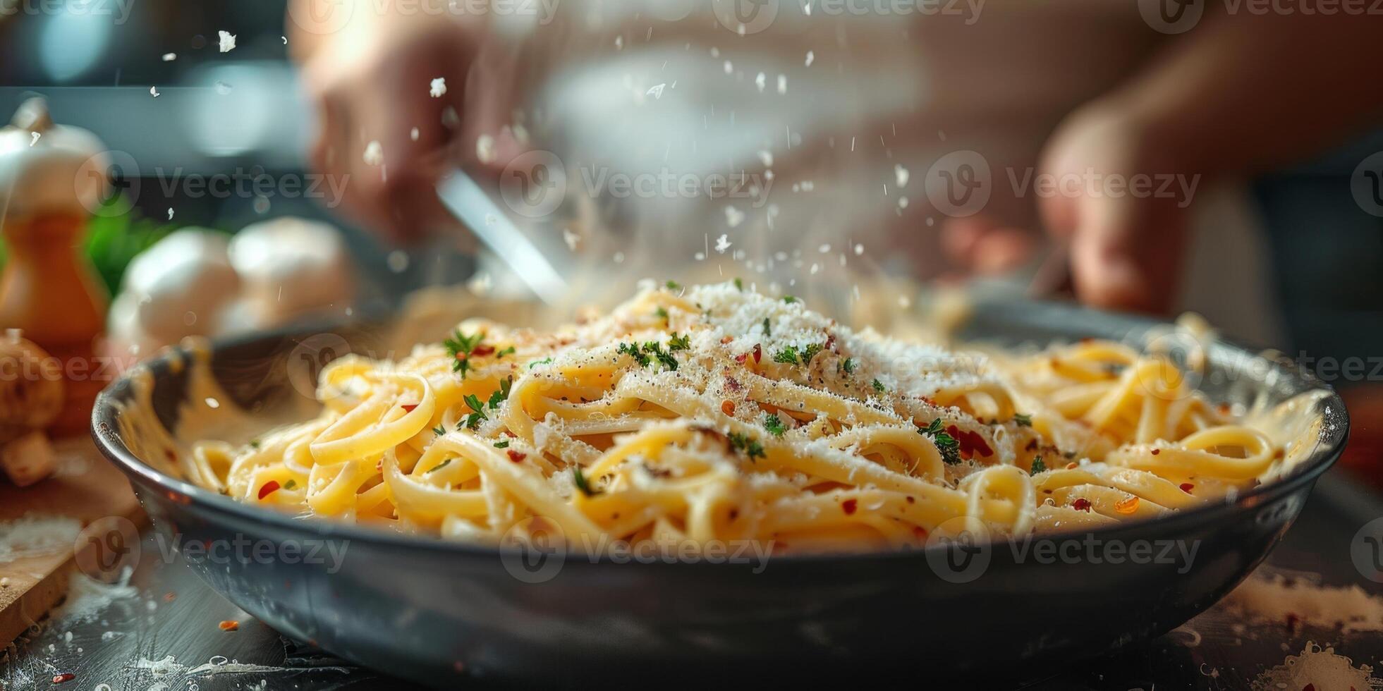 AI Generated Classic Pasta on kitchen background. Diet and food concept. photo