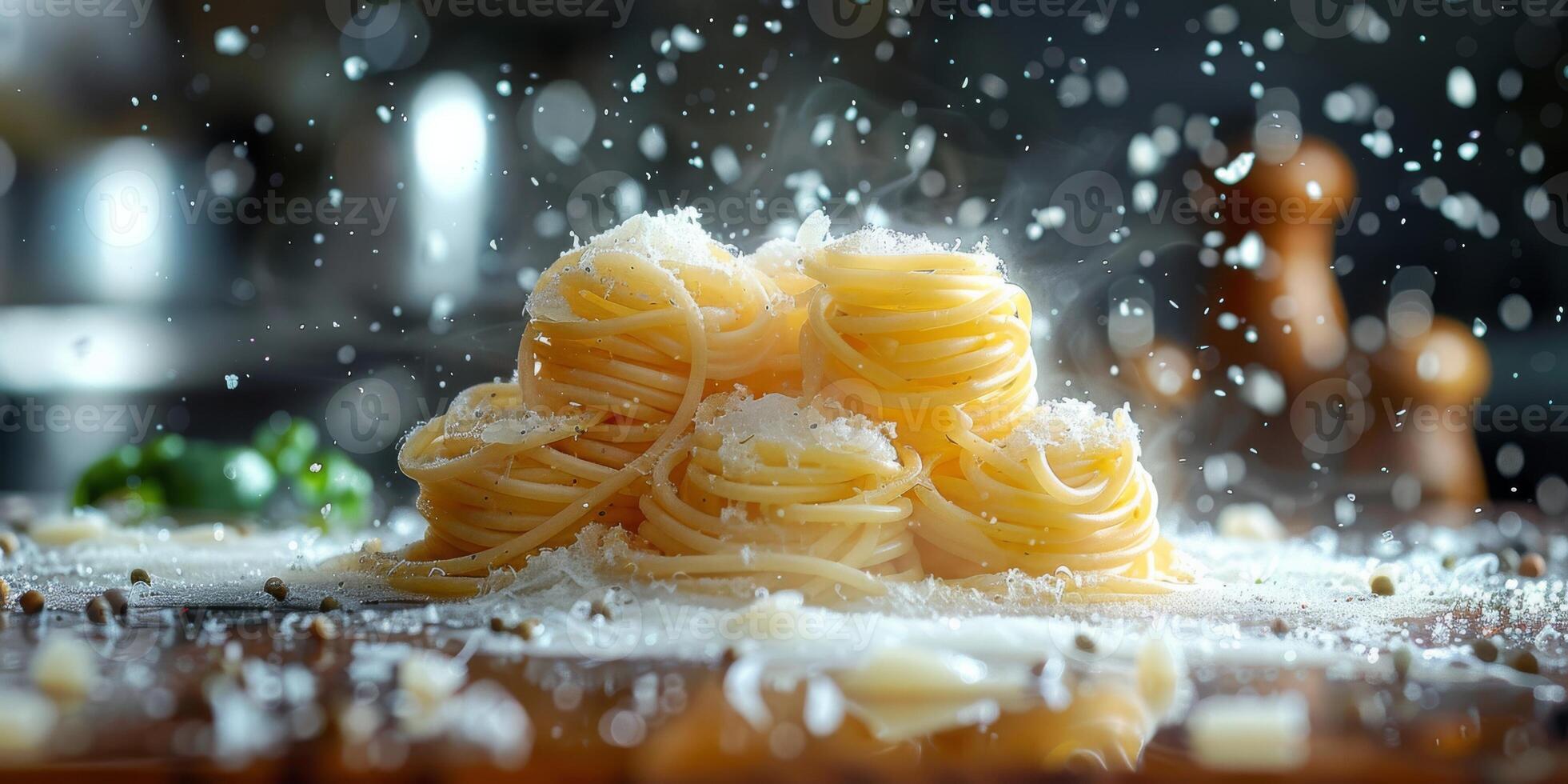 AI Generated Classic Pasta on kitchen background. Diet and food concept. photo