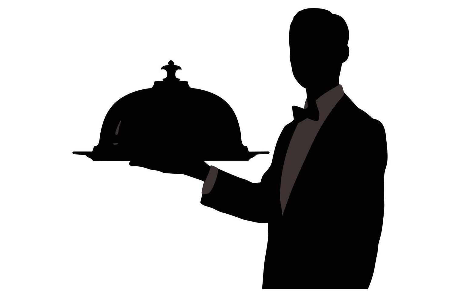 Waiter Serving Dish food Cover Dome silhouette. Sign hand of waiter with serving tray. Waiter serving. vector