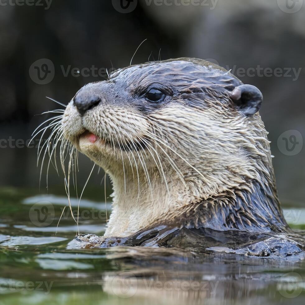 AI generated close-up of a river otter in the water photo