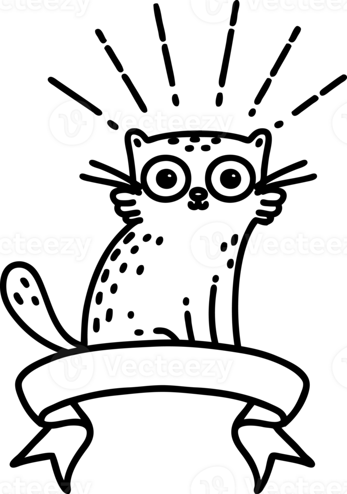 scroll banner with black line work tattoo style surprised cat icon png