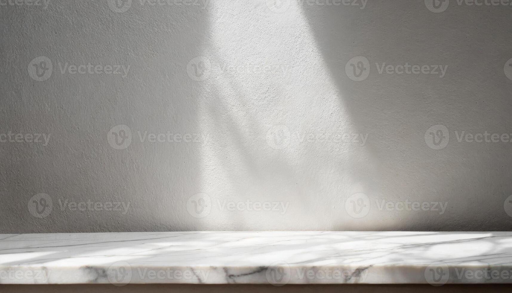 AI generated Marble table with tree shadow drop on white wall background for mockup product display photo