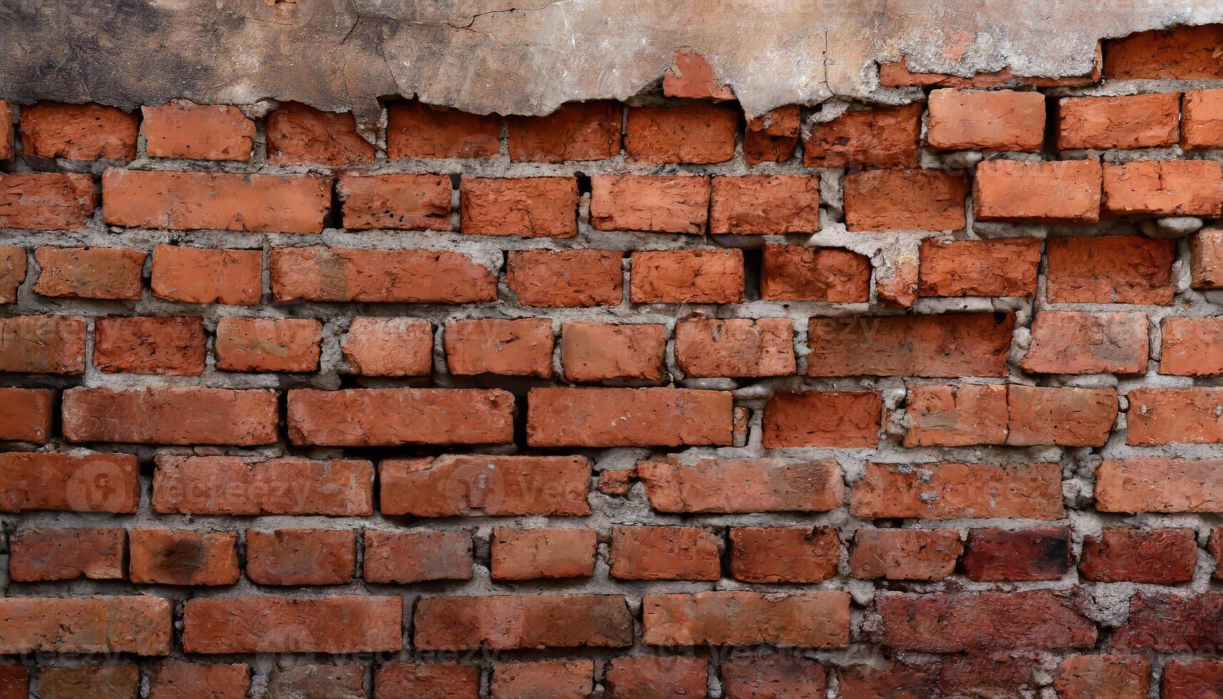 AI generated Fragment of old brickwork, close-up. Red brick wall. Potholes and defects in a brick wall. Flat lay, close-up. Cracks and defects of red brick on the wall. building houses, texture photo