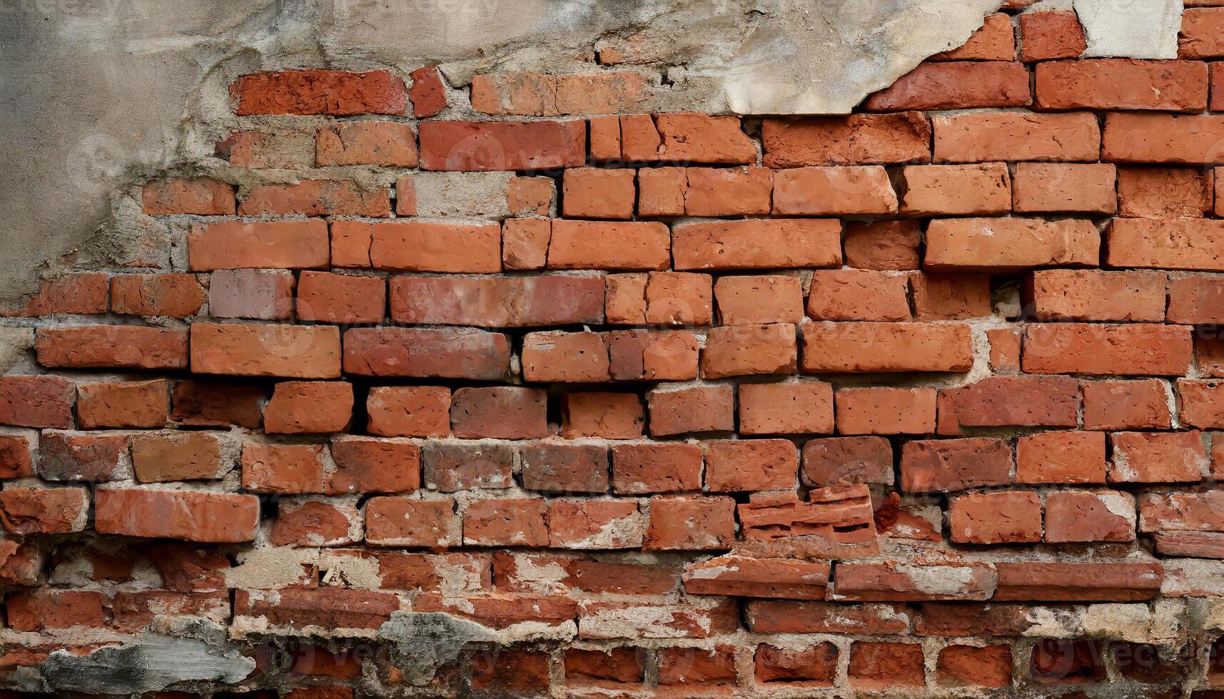 AI generated Fragment of old brickwork, close-up. Red brick wall. Potholes and defects in a brick wall. Flat lay, close-up. Cracks and defects of red brick on the wall. building houses, texture photo