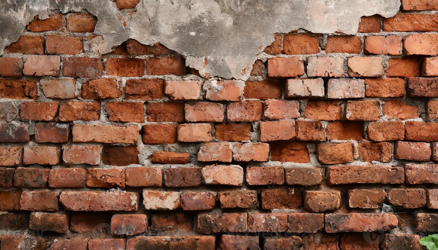 AI generated Fragment of old brickwork, close-up. Red brick wall. Potholes and defects in a brick wall. Flat lay, close-up. Cracks and defects of red brick on the wall. building houses, texture photo