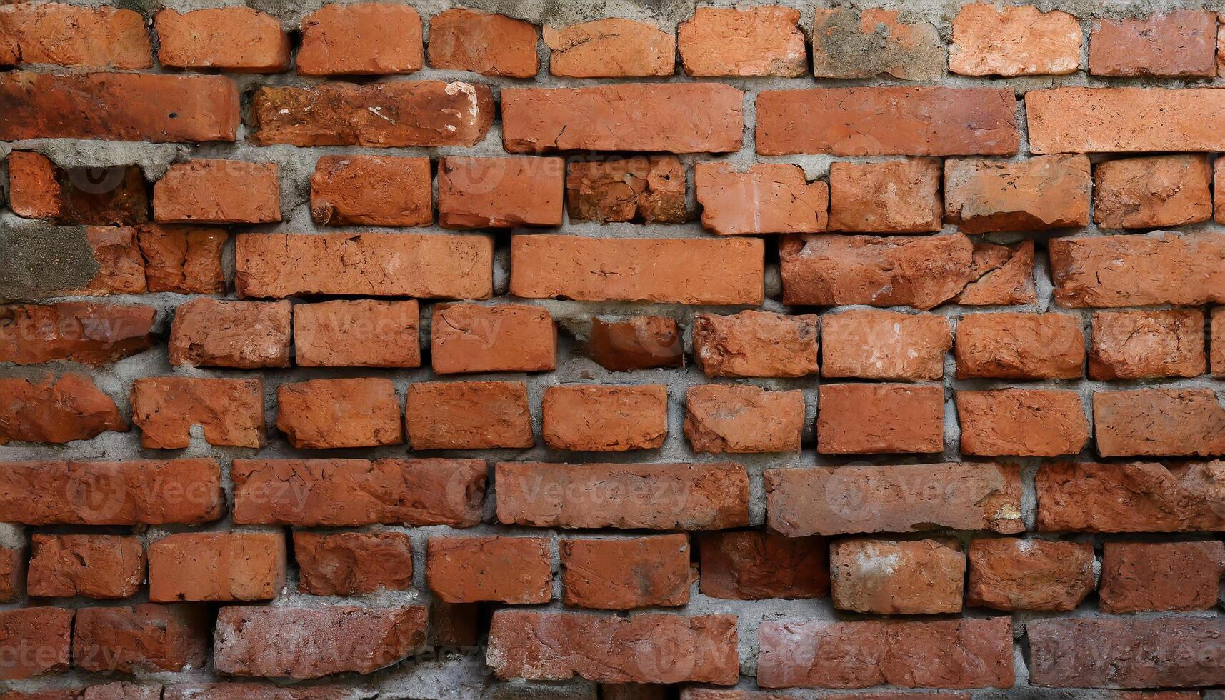 AI generated Fragment of old brickwork, close-up. Red brick wall. Potholes and defects in a brick wall. Flat lay, close-up. Cracks and defects of red brick on the wall. building houses, texture photo