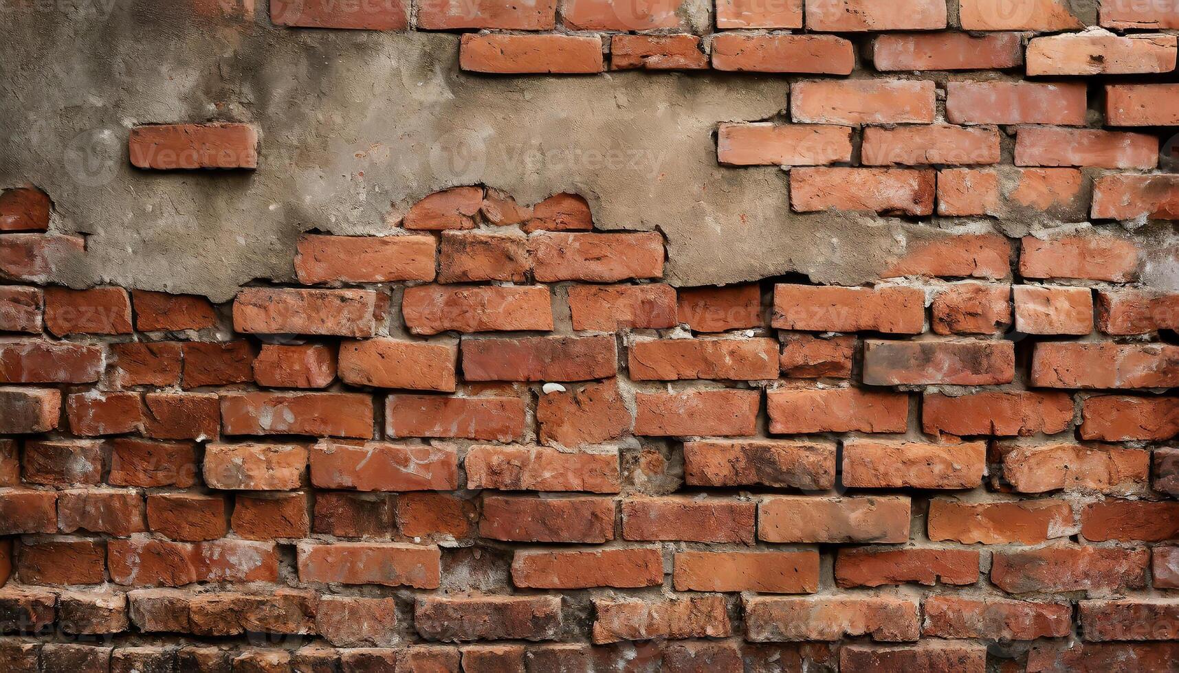 AI generated Fragment of old brickwork, close-up. Red brick wall. Potholes and defects in a brick wall. Flat lay, close-up. Cracks and defects of red brick on the wall. building houses, texture photo