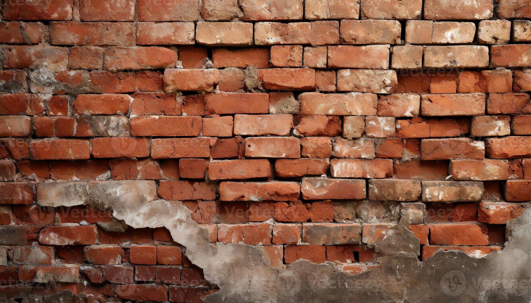 AI generated Fragment of old brickwork, close-up. Red brick wall. Potholes and defects in a brick wall. Flat lay, close-up. Cracks and defects of red brick on the wall. building houses, texture photo