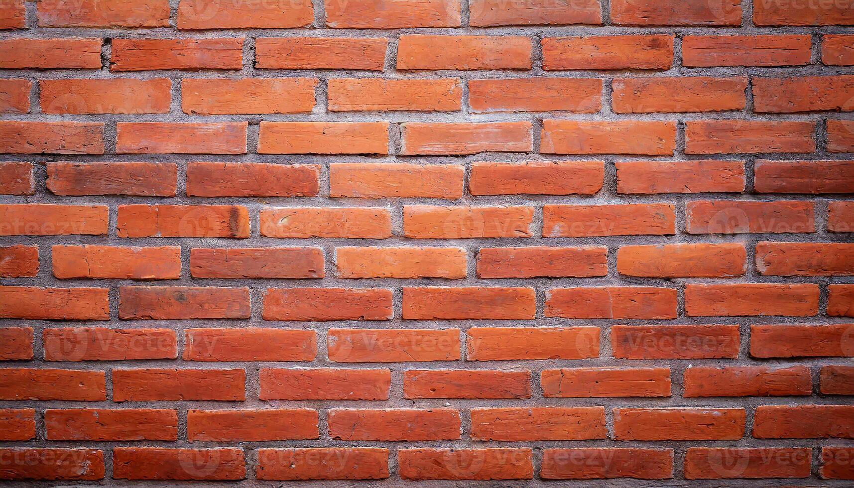 AI generated Close up view of a red brick wall. Texture of old dark brown and red brick wall panoramic background. Minimal pattern background concept. Trendy brick wall background idea. Copy space. photo