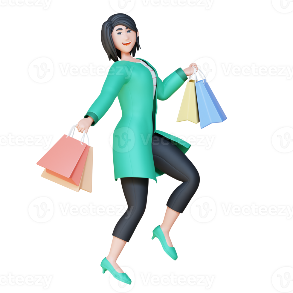 3d ilustración personaje corriendo con compras bolso png